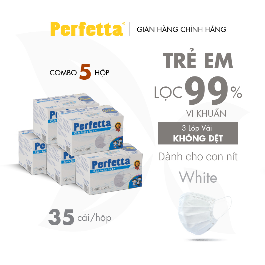 Combo 5 hộp Khẩu trang y tế 3 lớp Perfetta Trẻ Em Lọc bụi, Kháng khuẩn, Kháng vi rút 99% (35 Cái/Hộp)