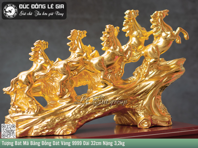 Tượng Bát Mã Bằng Đồng Dát Vàng 9999 Dài 32cm