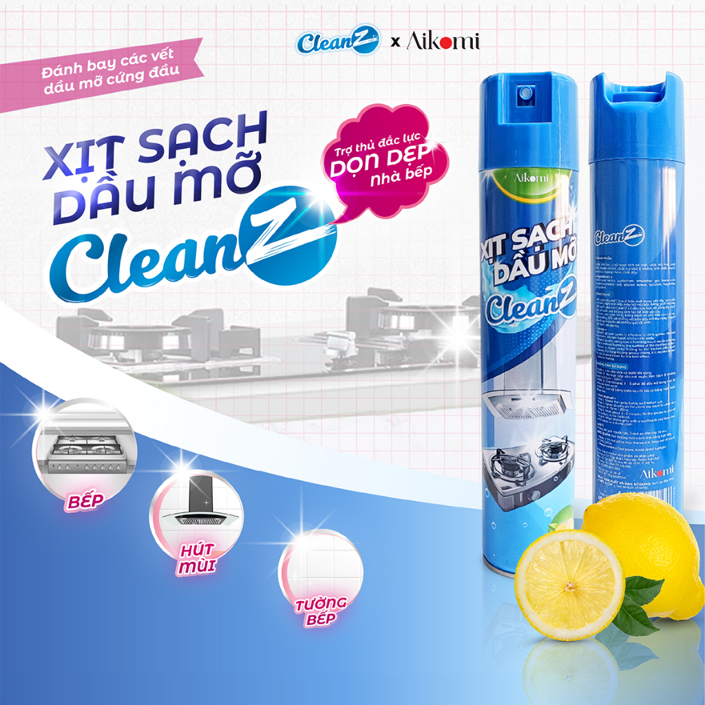 Bình xịt làm sạch dầu mỡ nhà bếp tường gạch máy hút mùi CleanZ 450ml Hương Chanh