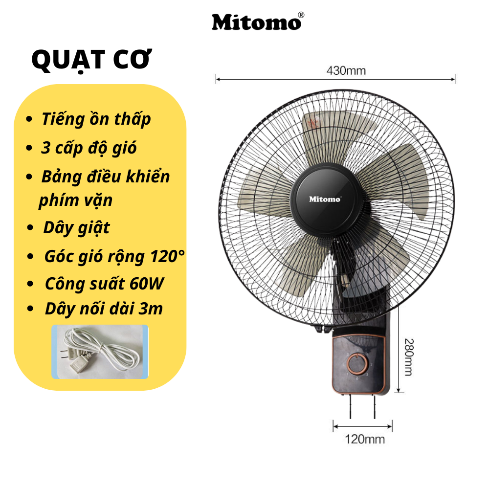 Quạt treo tường điều khiễn từ xa remote Mitomo FTT-60 hàng chính hãng