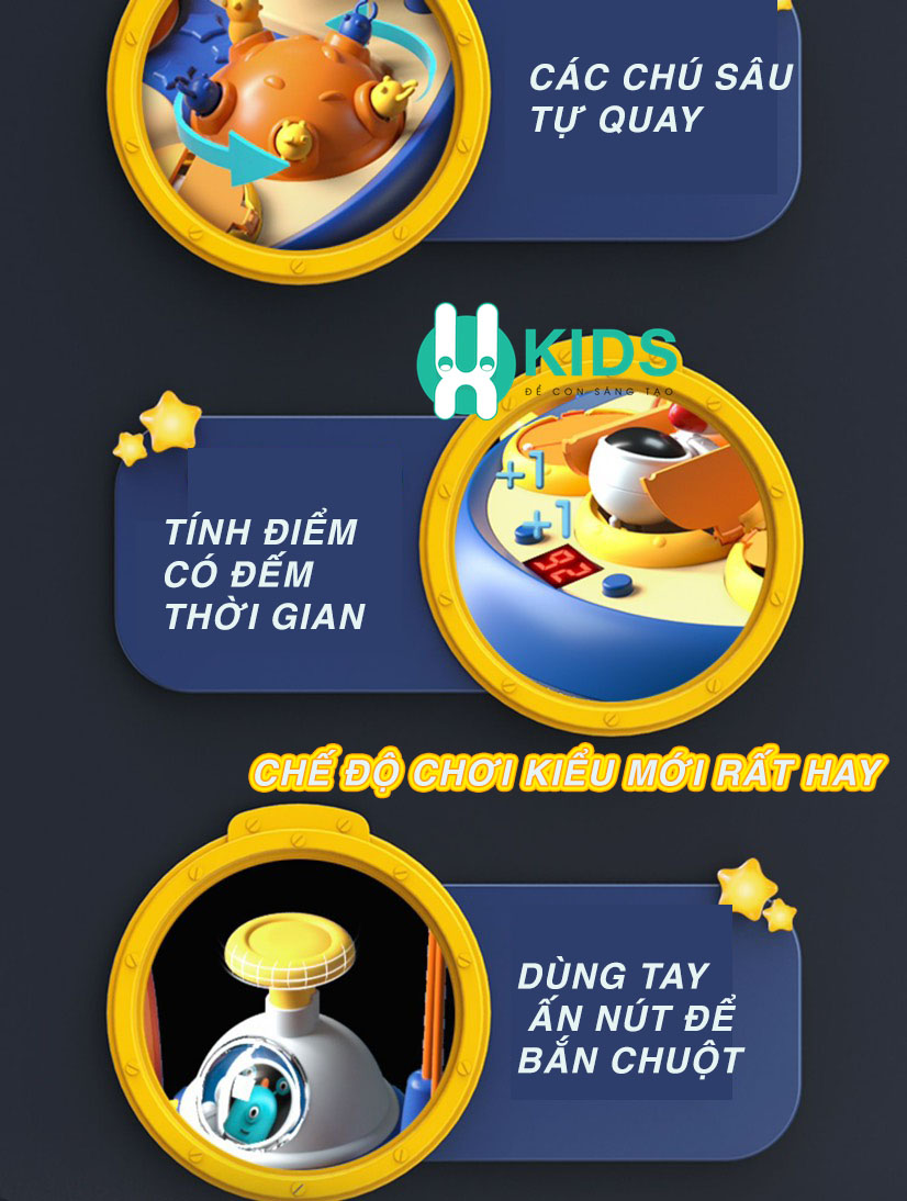 Đồ chơi câu cá đập chuột thế hệ mới chiến hạm vũ trụ có hiệu ứng đèn nhac, đếm thời gian tính điểm đa chức năng cho bé