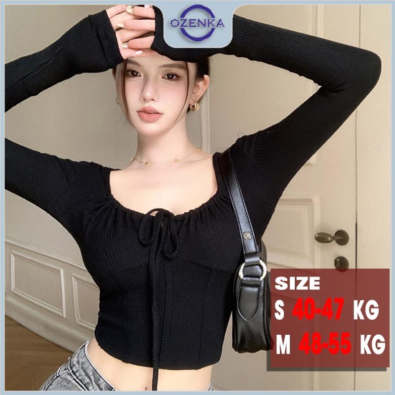 Áo croptop tay dài cổ vuông ôm nữ buộc nơ OZENKA, áo crt ngắn kiểu hàn quốc màu đen trắng dưới 55 kg