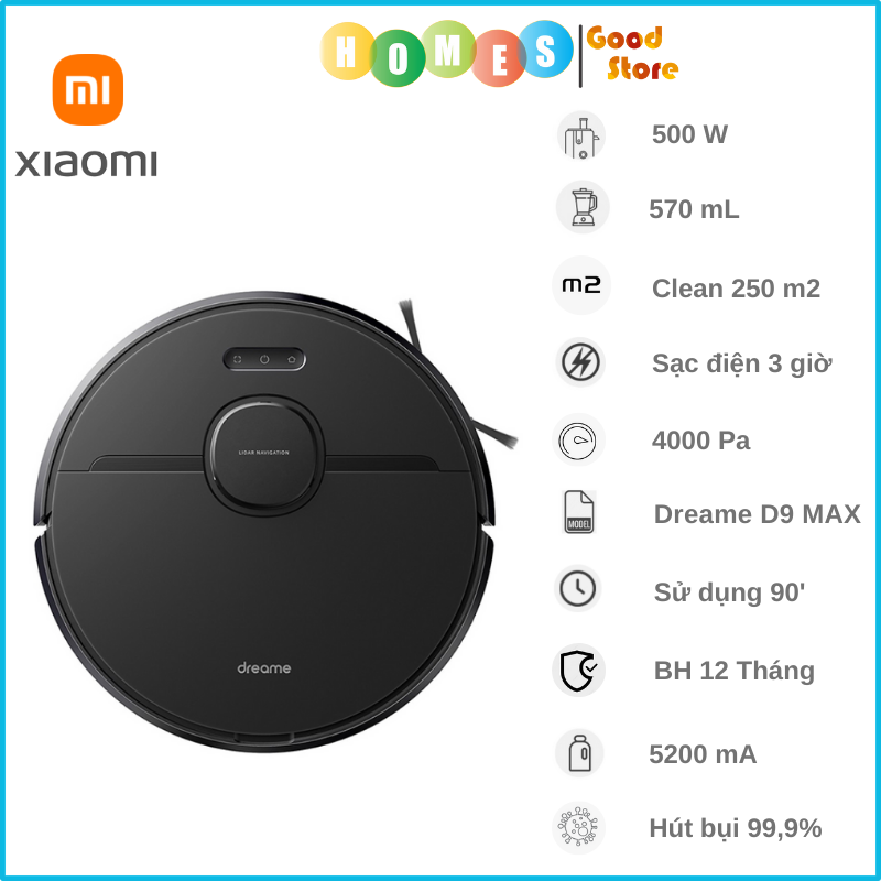 Robot Hút Bụi Lau Nhà XIAOMI DREAME D9 MAX Diện Tích Hoạt Động 250m2 Công Suất 50W Áp Suất 4000 Pa - Hàng Chính Hãng