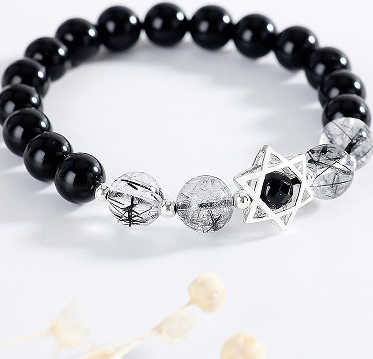 Vòng tay đá Obsidian phối thạch anh tóc đen mệnh thủy, mộc - Ngọc Quý Gemstones