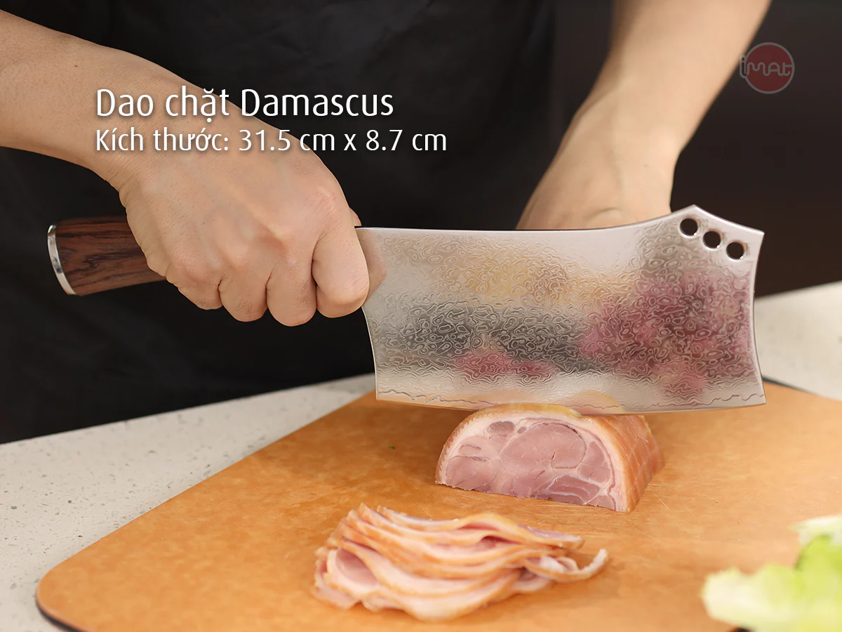 Dao chặt Damascus iMat,lưỡi bằng thép không gỉ 9Cr18, cán gỗ cẩm lai tự nhiên