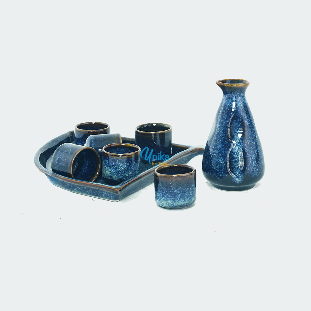 Bộ sake - Set sake bình vuốt men xanh hỏa biến - Gốm sứ cao cấp Bát Tràng