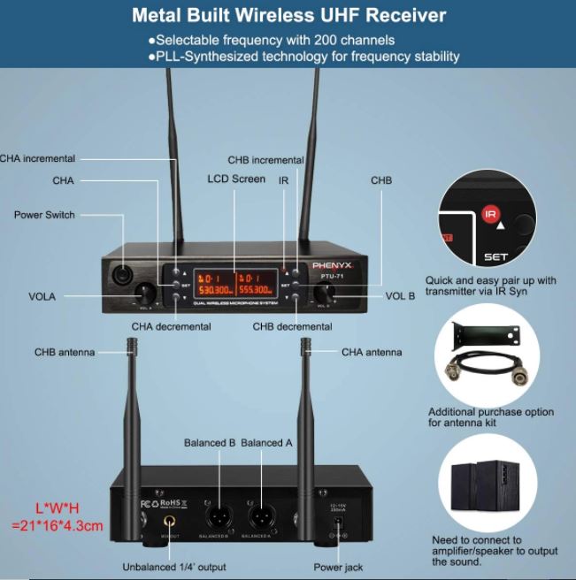 Hệ thống micrô không dây UHF cầm tay kép Phenyx Pro PTU-71A chính hãng với 2x200 kênh (530 - 580MHz)