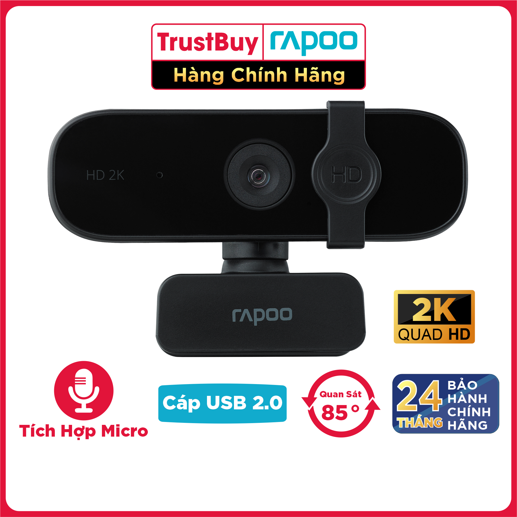 Webcam RAPOO XW2K Độ Phân Giải 2K, Micro Khử Ồn Kép, Góc Rộng 85 Độ, Quay Ngang 360 Độ - Hàng Chính Hãng