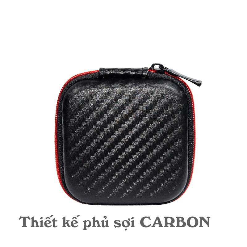 Hộp đựng tai nghe, cáp sạc Sợi Carbon Vuông cho phụ kiện di động (Có lưới bên trong)