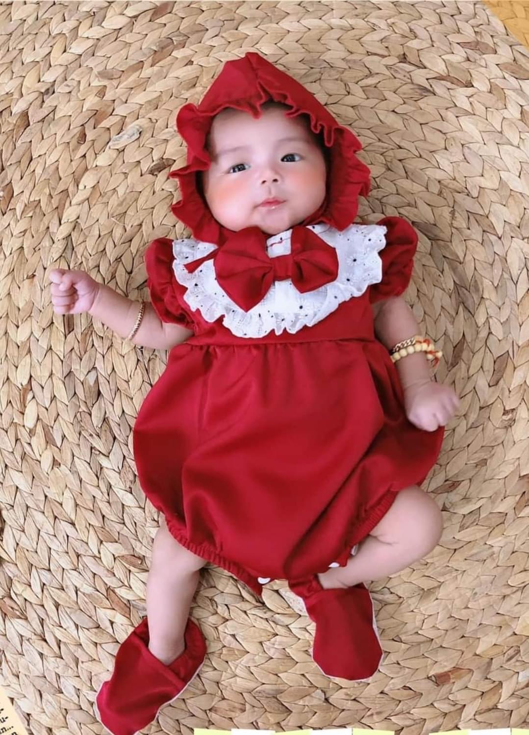 Body Đỏ Cổ Trắng Bé Gái 3 Đến 12kg, Bodysuit Chất Đũi Chun Mát Rượi