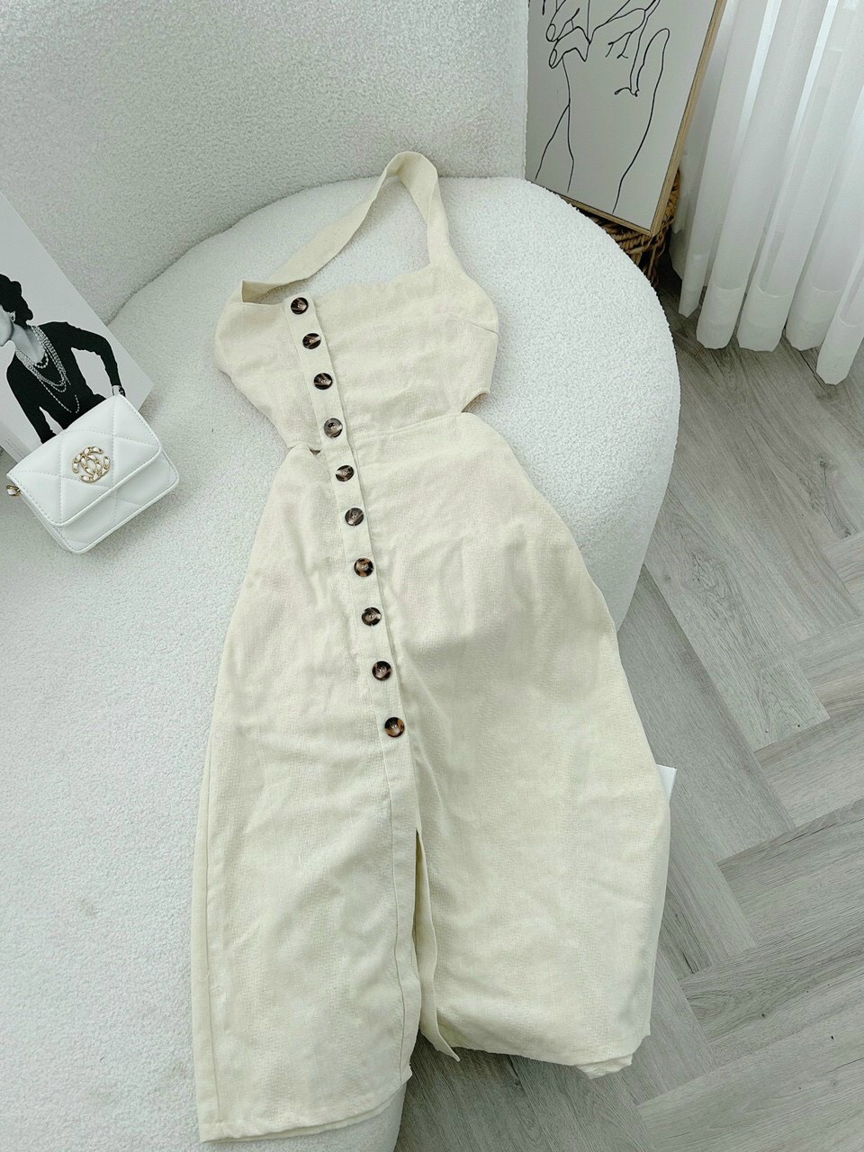 Đầm váy midi cut eo lưng xẻ tà