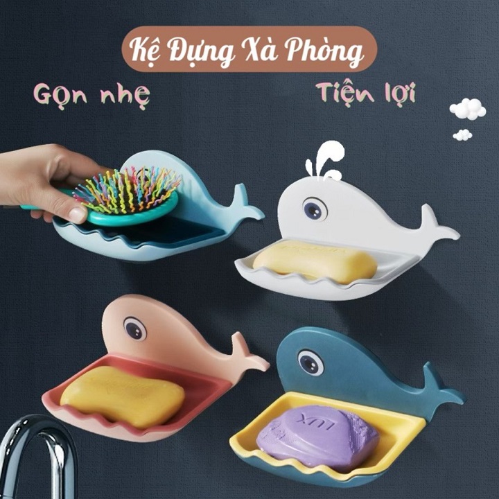 Kệ đựng xà phòng dán tường nhà tắm hình cá heo, 2 lớp có lỗ thoát nước - miếng dán siêu chắc / không cần khoan tường, khay để xà bông cho bé - giao màu ngẫu nhiên