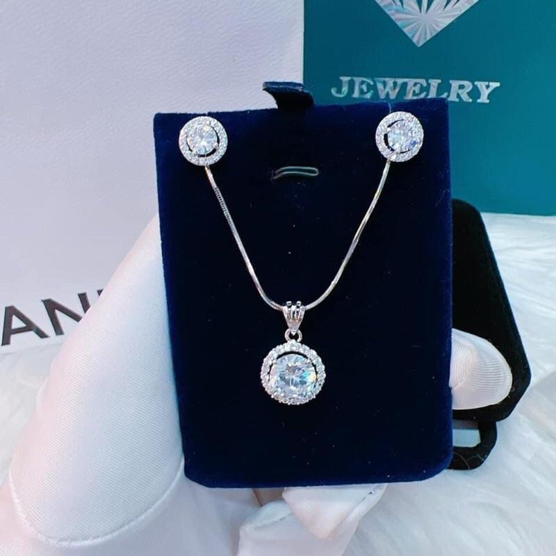 Bộ set 2 món dây chuyền bông tai đá tròn xi bạch kim siêu sáng siêu đẹp