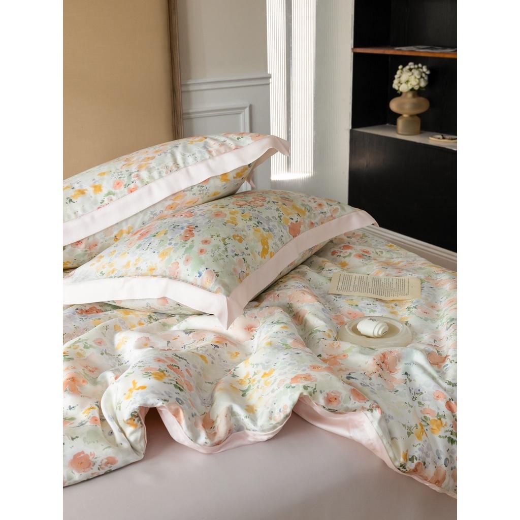 Bộ chăn ga gối cao cấp 100%Tencel 60s, họa tiết Hoa Lá màu sắc tươi sáng và sang trọng, chất liệu mềm mịn mát