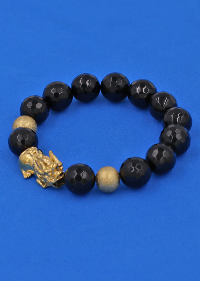 Vòng tay Thạch Anh Đen Cắt Giác 12 ly - cẩn Tỳ Hưu Phong Thủy inox vàng VTAEGTHHBV12 - hợp mệnh Mộc, mệnh Thủy