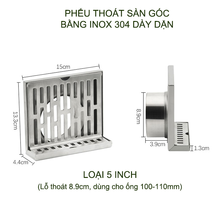 Phễu thoát sàn góc bằng inox 304 dày dặn, loại 5inch lệch