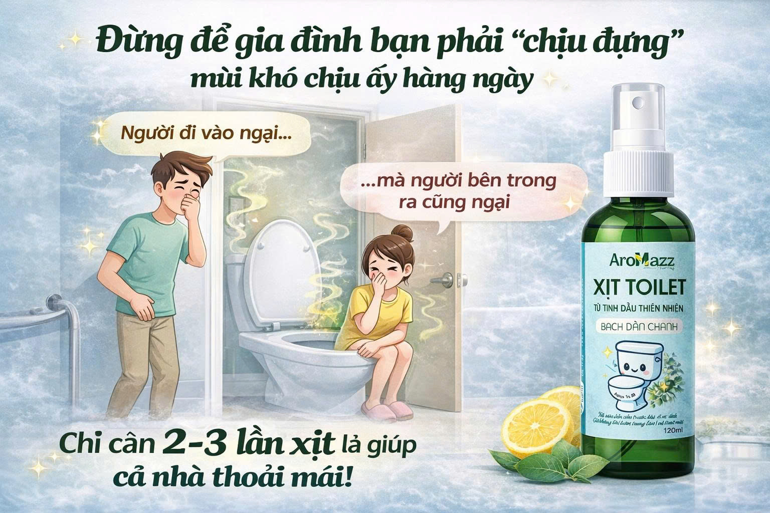 Xịt Khử Mùi Nhà Vệ Sinh Tức Thì Từ Tinh Dầu Thiên Nhiên AroMazz, Khử Mùi Trước Khi Đi Vệ Sinh, An Toàn Dùng Hàng Ngày