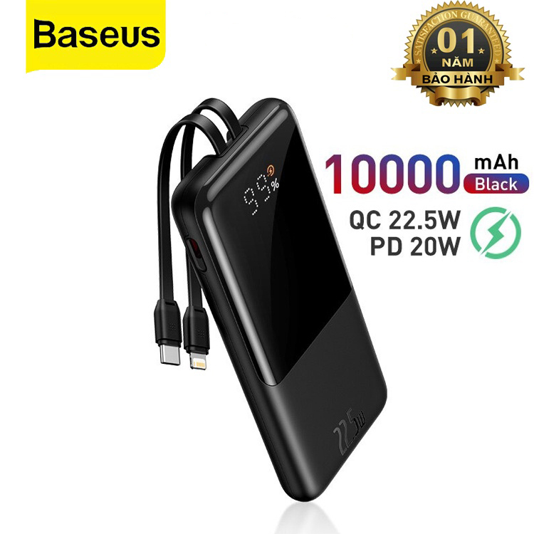 Pin Sạc Dự Phòng 10000mah 22.5W Baseus Tích Hợp Dây Cáp Sạc Nhanh Type C Và IP - Hàng Chính Hãng