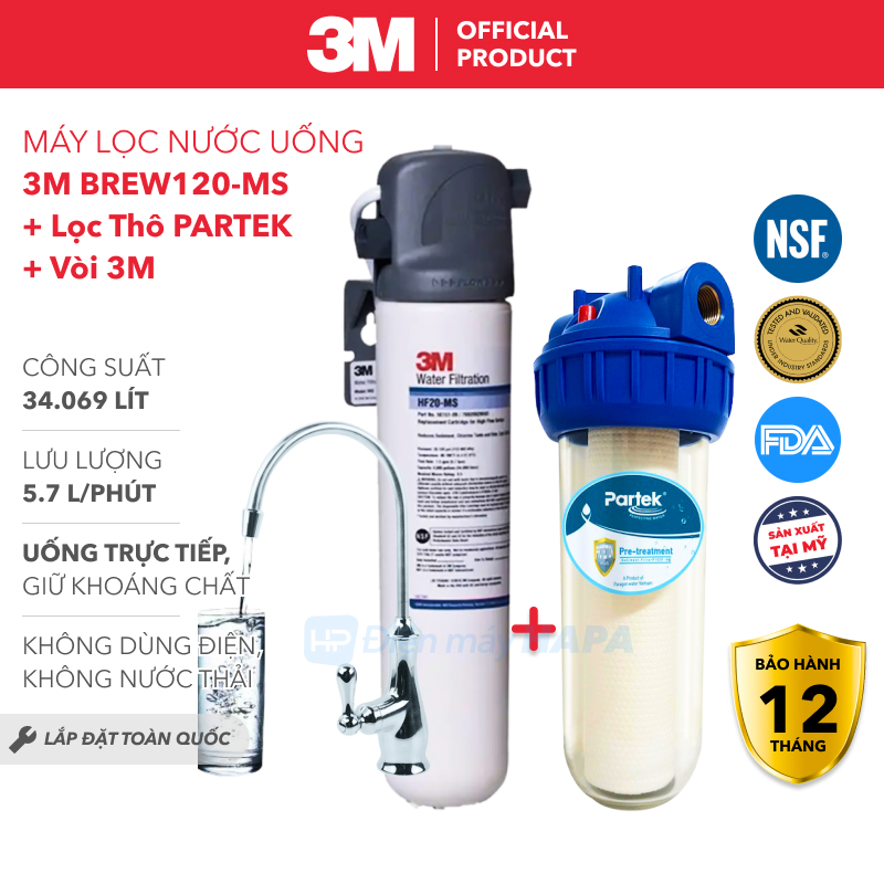 Combo Máy Lọc Nước 3M BREW120-MS 34.069 Lít, Nước Uống Trực Tiếp, NANO 3M Mỹ Không Dùng Điện, Không Nước Thải, Giữ Được Khoáng Chất, BREW120MS Máy Lọc Nước Lắp Âm Tủ Bếp Hoặc Treo Tường - Hàng Chính Hãng 3M, Nhập Khẩu Mỹ