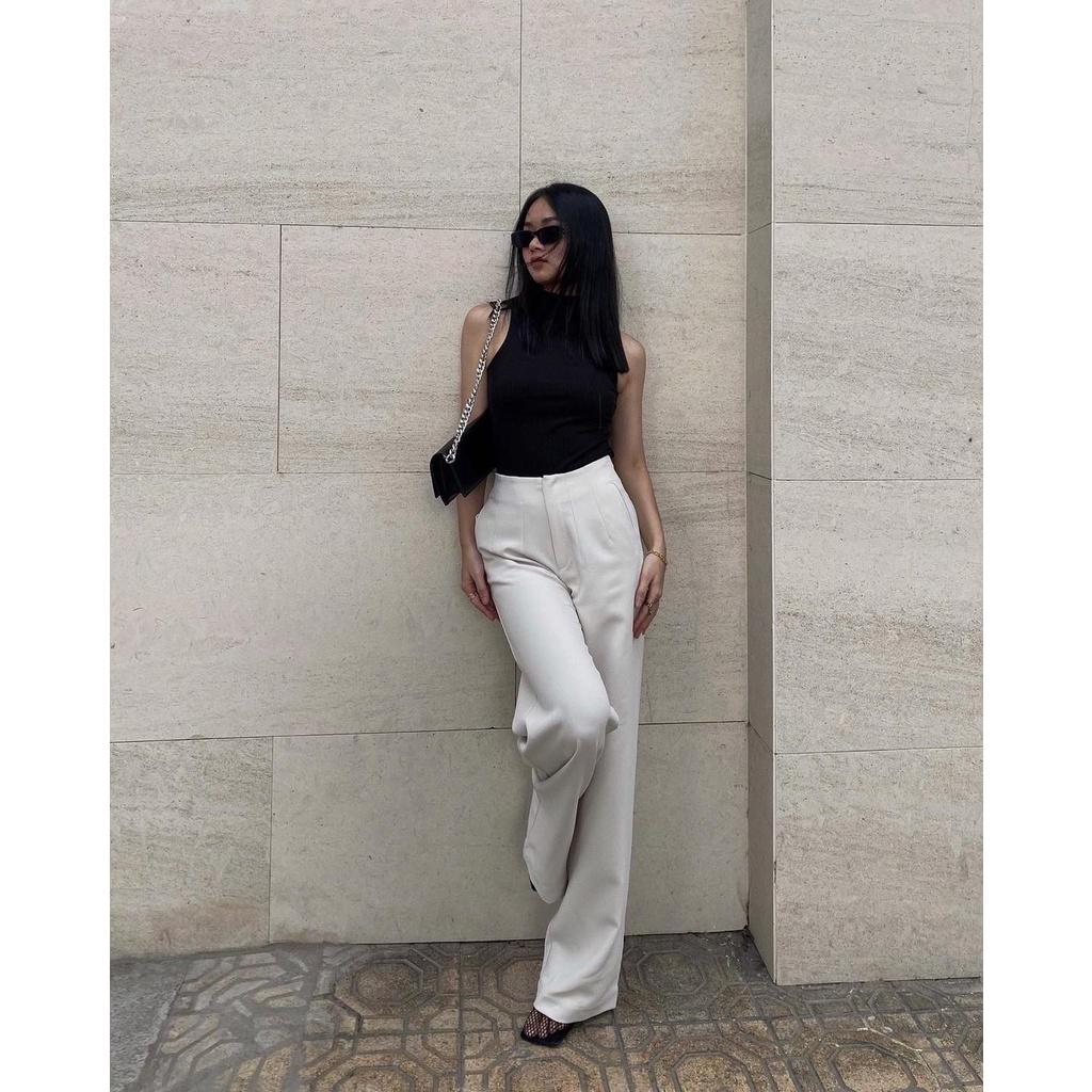 Quần dài nữ, màu kem nhạt, thiết kế khoá kéo, form đứng, ống suông dài tôn dáng, là min - CREAM PLEATED TROUSERS