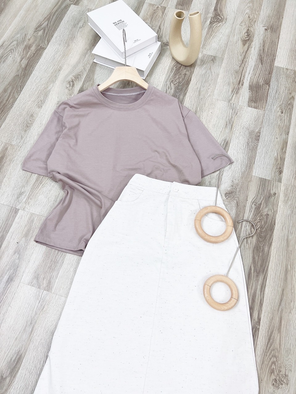 (Ảnh Thật) Set Chân Váy Midi Kaki Phối Áo Thun
