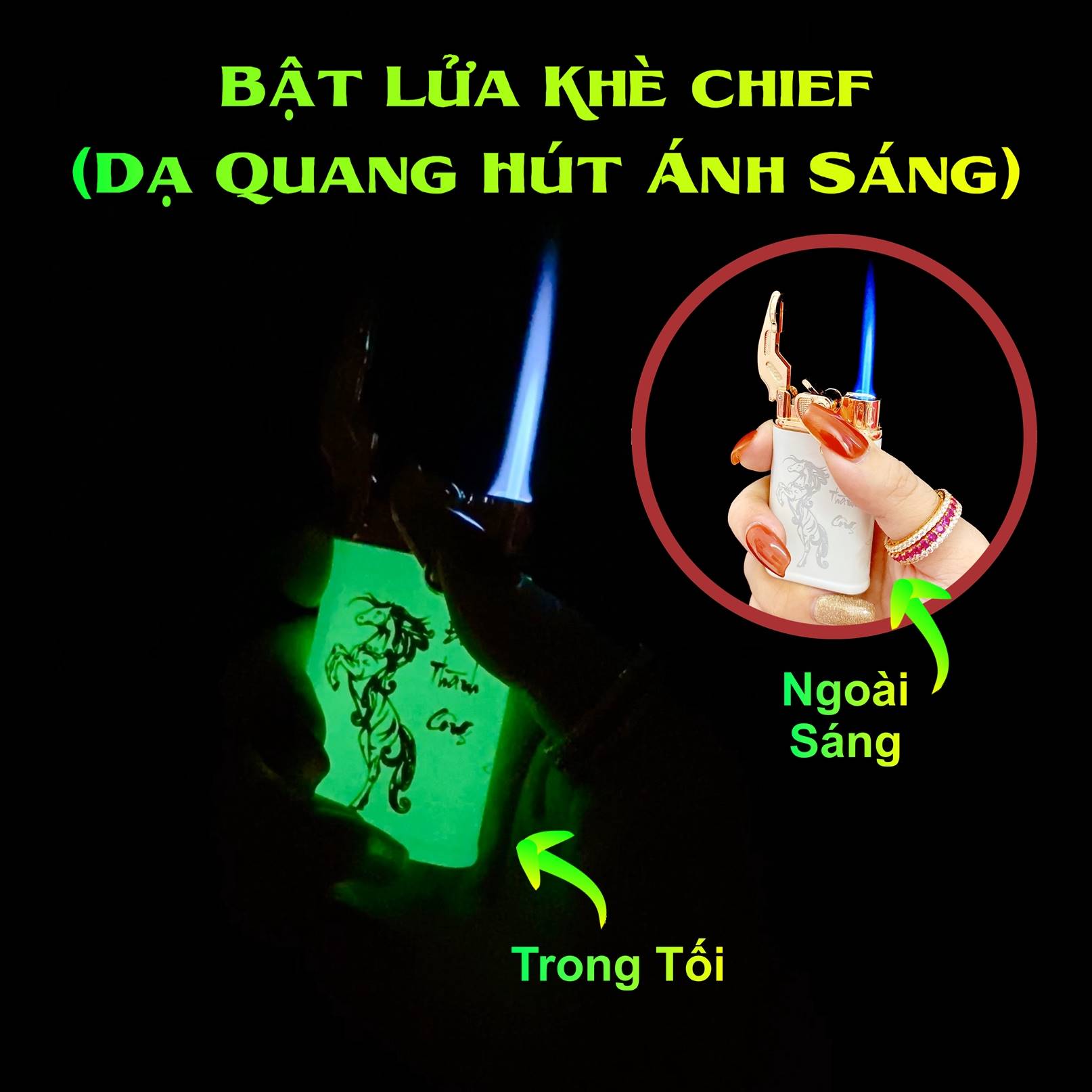 Hộp quẹt bật lửa khè Chief búng tay đánh lửa dạ quang hút ánh sáng hình mã đáo thành công - (xài gas)