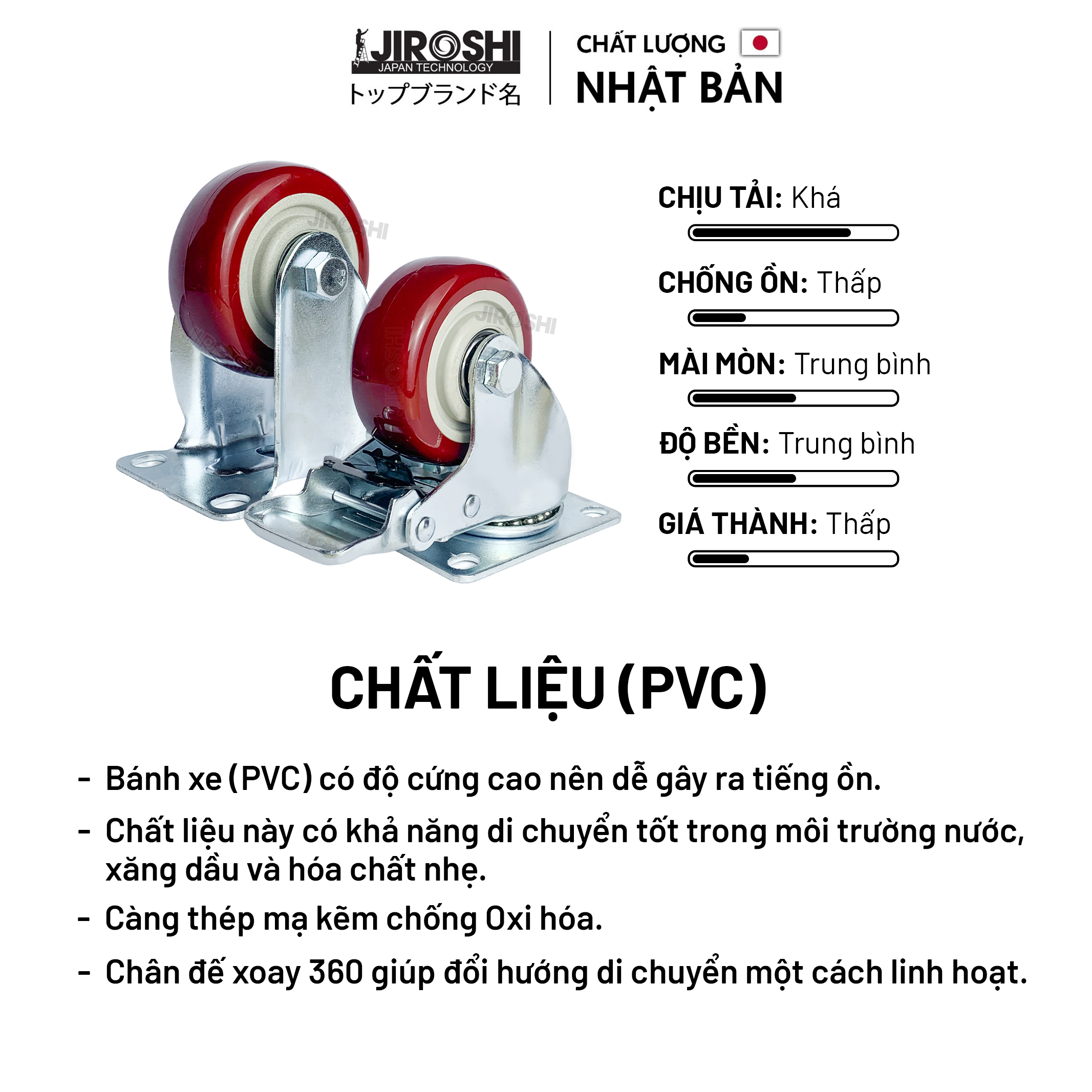 Bánh xe đẩy hàng có bạc đạn và khóa JIROSHI Nhật Bản , Bánh xe nhựa PVC đỏ mận có độ bền cao 100mm