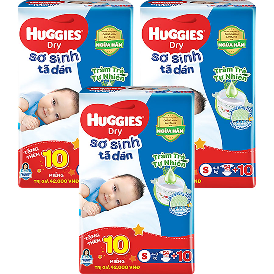 Combo 3 tã dán sơ sinh Huggies mới S54 (4kg-8kg) - Gói 54 miếng Tràm Trà + Tặng 10 miếng