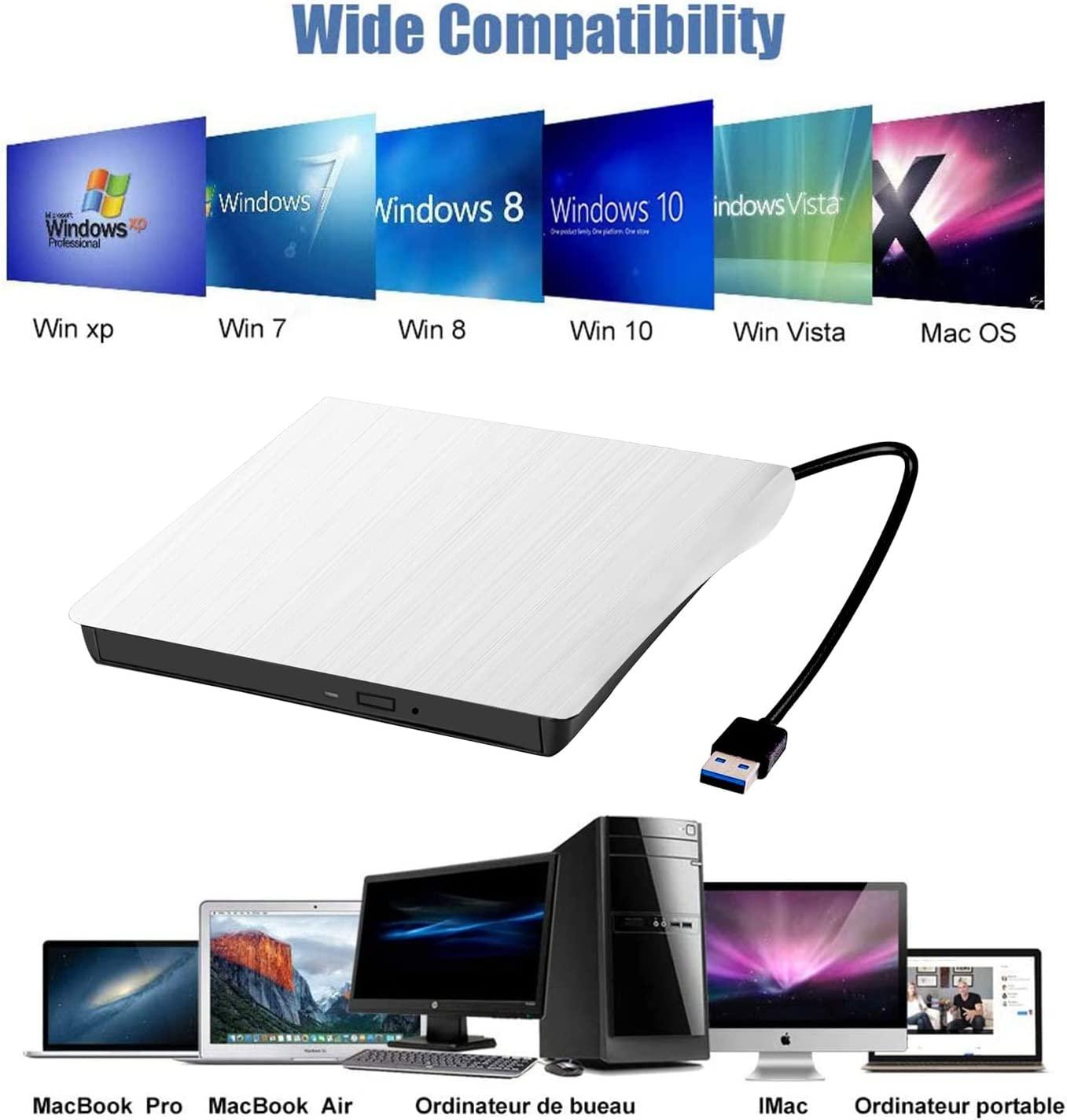 Ổ đĩa CD/DVD USB 3.0 USB, Ultra SLIM Portable DVD khắc, trình phát CD bên ngoài cho Windows 10/8/7/XP/Vista, Laptop, Mac,  Air/Pro, Desktop, PC (White)