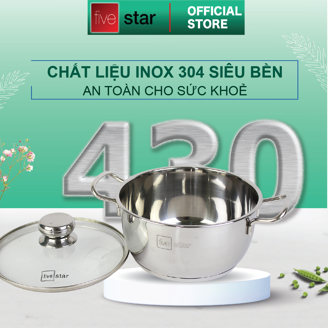 Bộ Nồi và chảo 3 Đáy Inox 430 Fivestar Standard bếp từ nắp kính