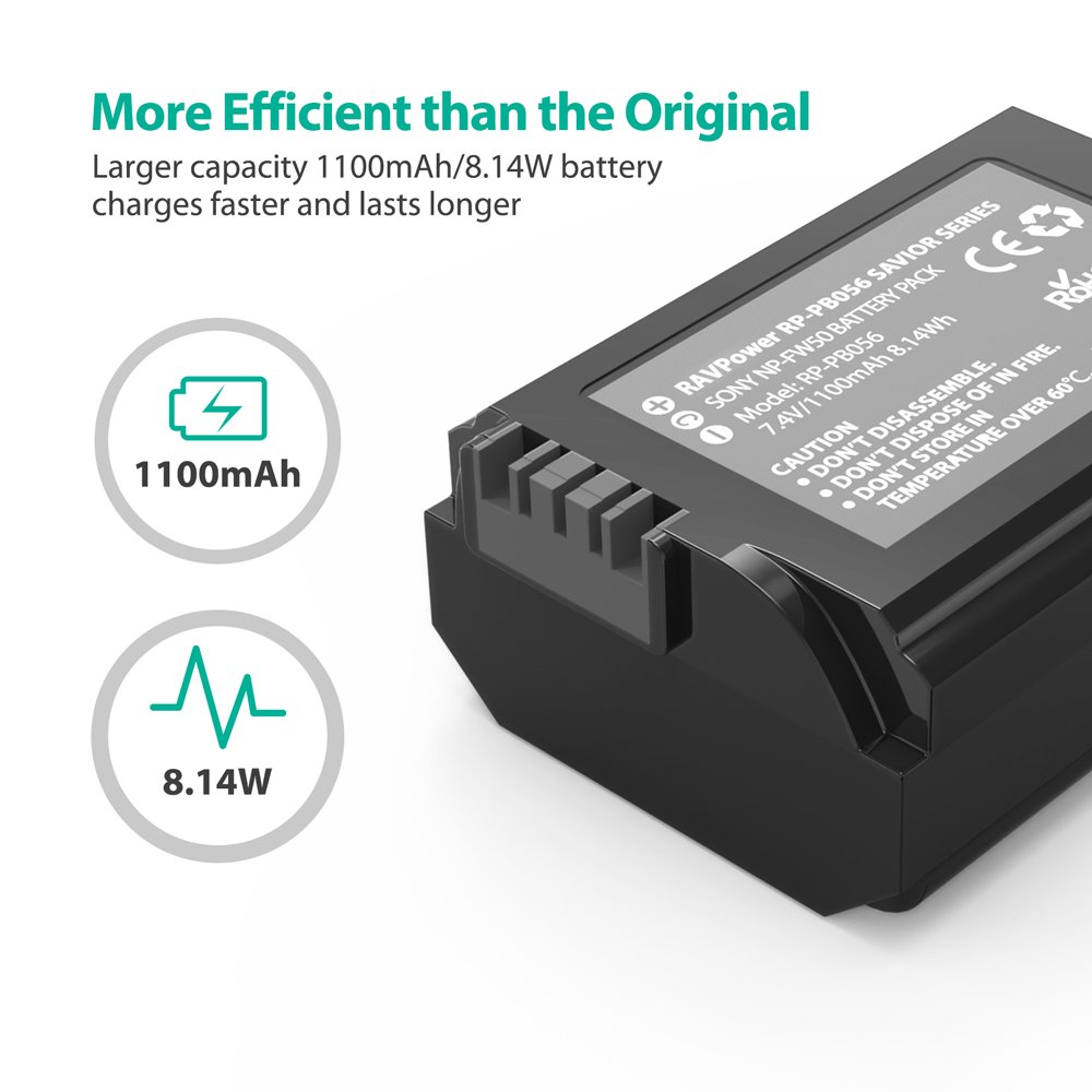 Bộ 2 Pin Và Sạc Kép RAVPower Cho Sony FW50 A6000 A6300 A6400 A6500 A6600 A7II A7SII A7RII A7 Nex - Hàng Nhập Khẩu
