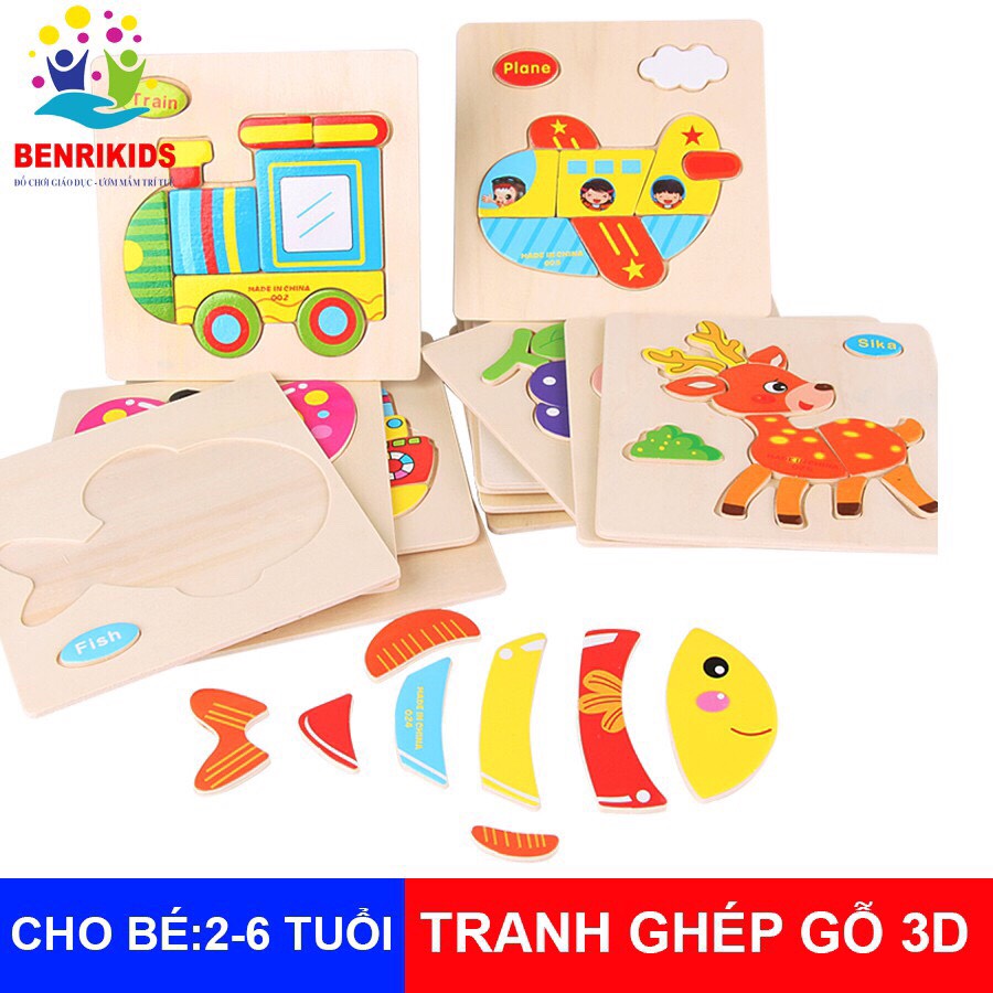 Bộ 3 Tranh Ghép Gỗ 3D Hình Động Vật Cho Bé,Đồ Chơi Xếp Hình Cho Bé Từ 1 Đến 3 Tuổi