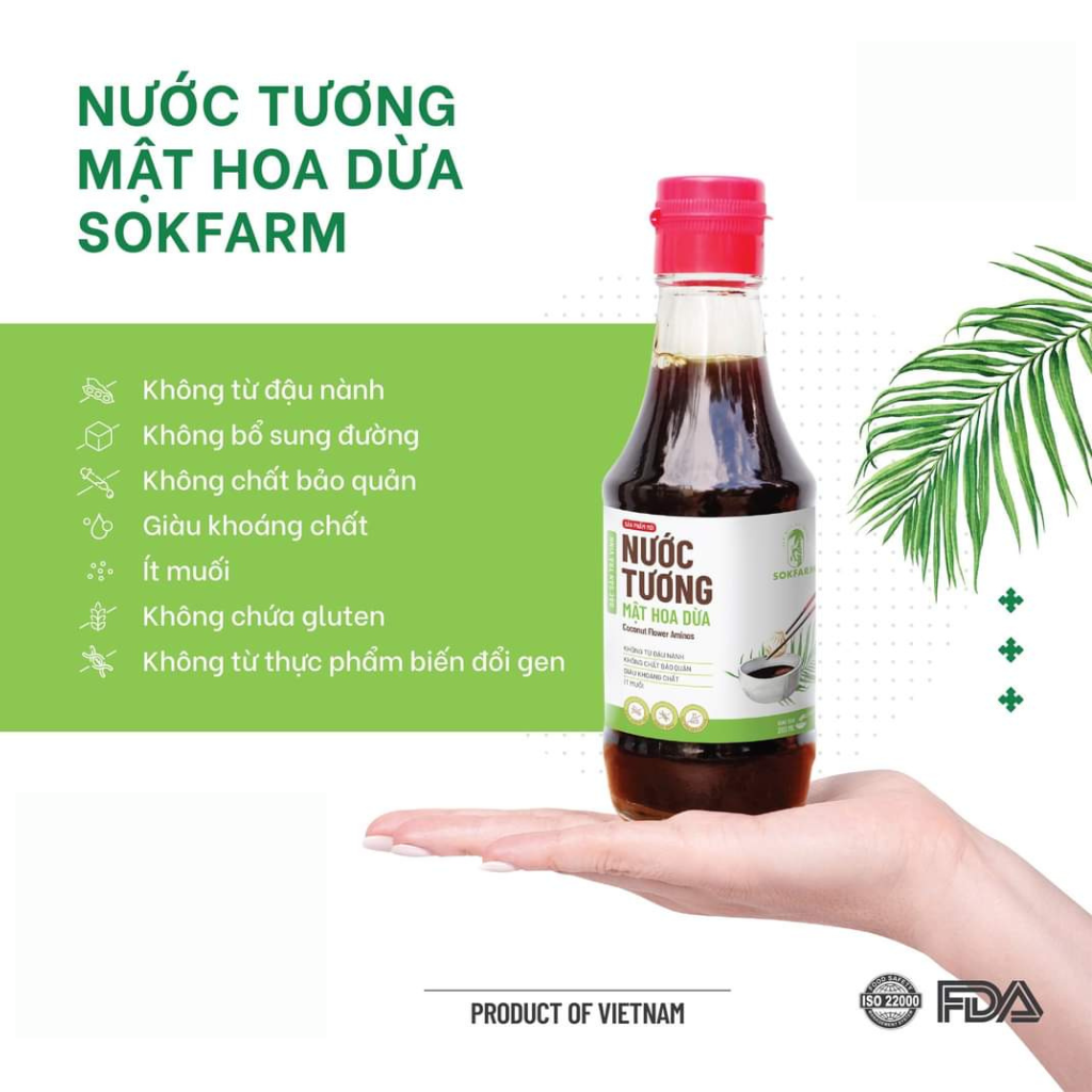 Nước tương mật hoa dừa Sokfarm - Nước tương ăn dặm cho bé với hàm lượng muối thấp, khoáng chất cao, không gluten, không đường và không chất bảo quản