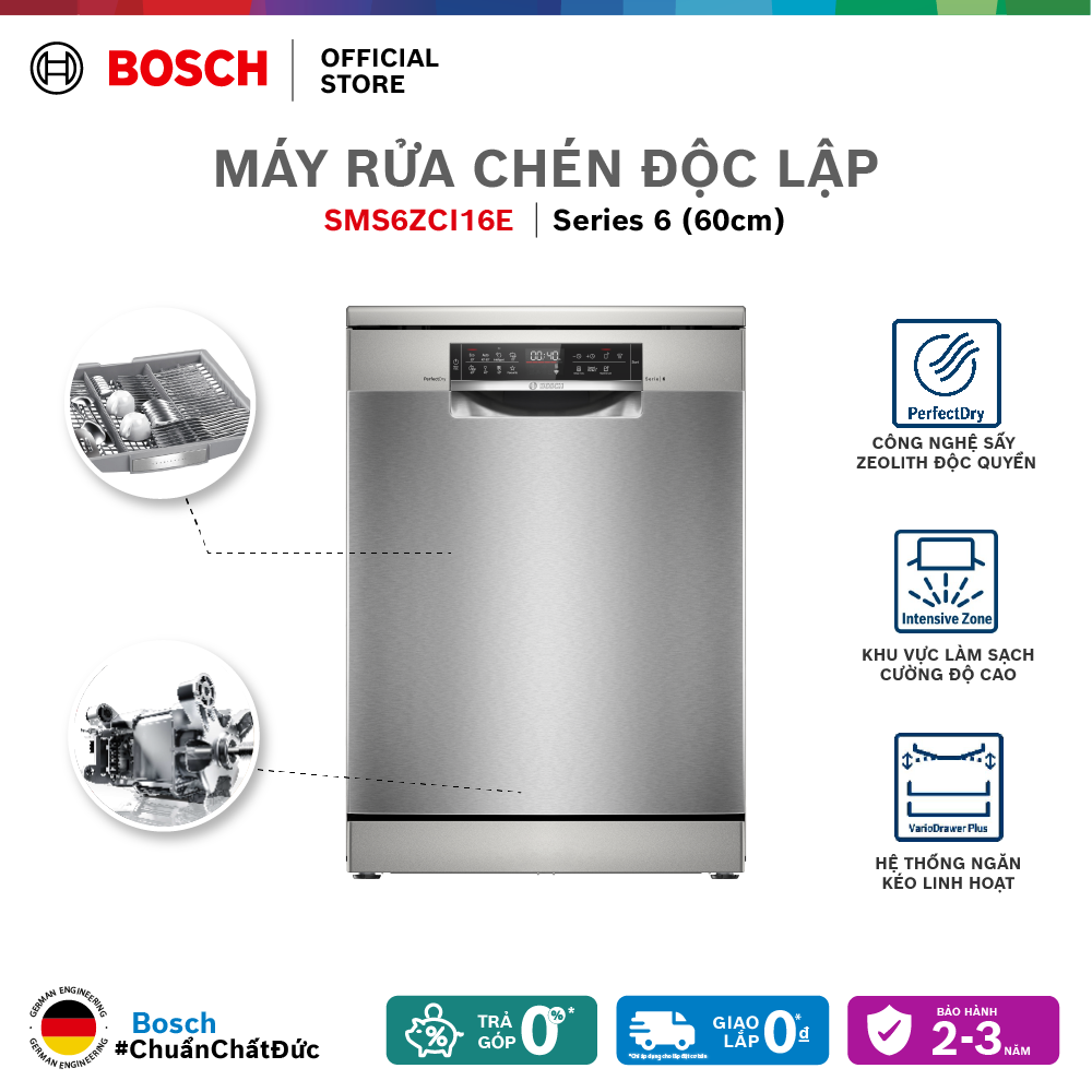 Máy rửa chén độc lập Bosch 14 bộ SMS6ZCI16E - series 6 (màu bạc inox) - Hàng chính hãng