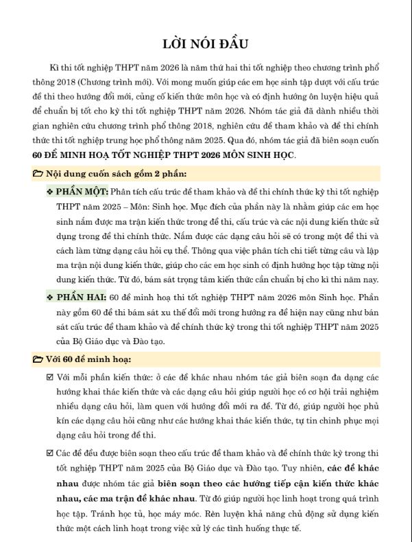 Sách 60 Đề Minh Họa Tốt Nghiệp THPT 2026 - Môn Sinh Học