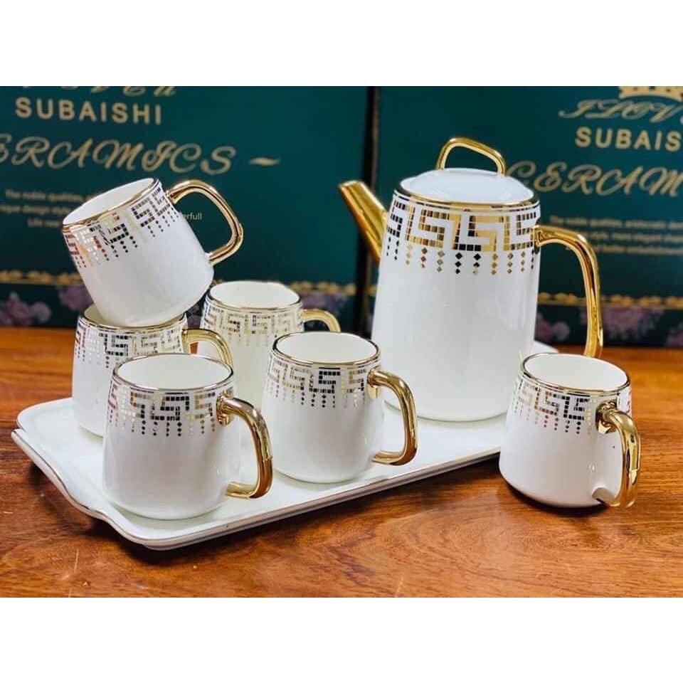 BỘ ẤM CHÉN KÈM KHAY SỨ CAO CẤP PHA TRÀ CÀ PHÊ TRẮNG HỌA TIẾT MẮT XÍCH