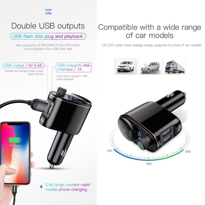 Bộ tẩu sạc trên xe hơi Baseus Locomotive Bluetooth MP3 Vehicle Charger S06- Hàng chính hãng