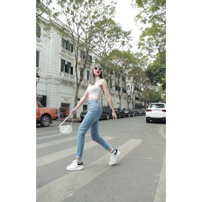Quần jean boy trơn nữ cạp cao dáng mới vnxk