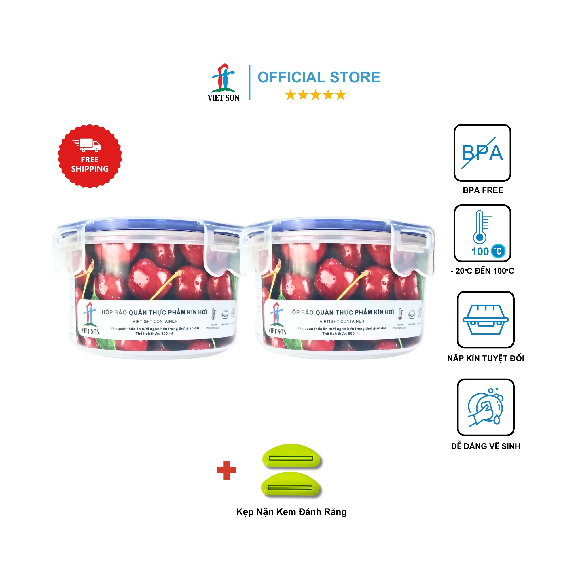 Bộ 2 Hộp Tròn Đựng Thực Phẩm VIETSON 800ml Nắp Khóa 4 Cạnh Kín Hơi