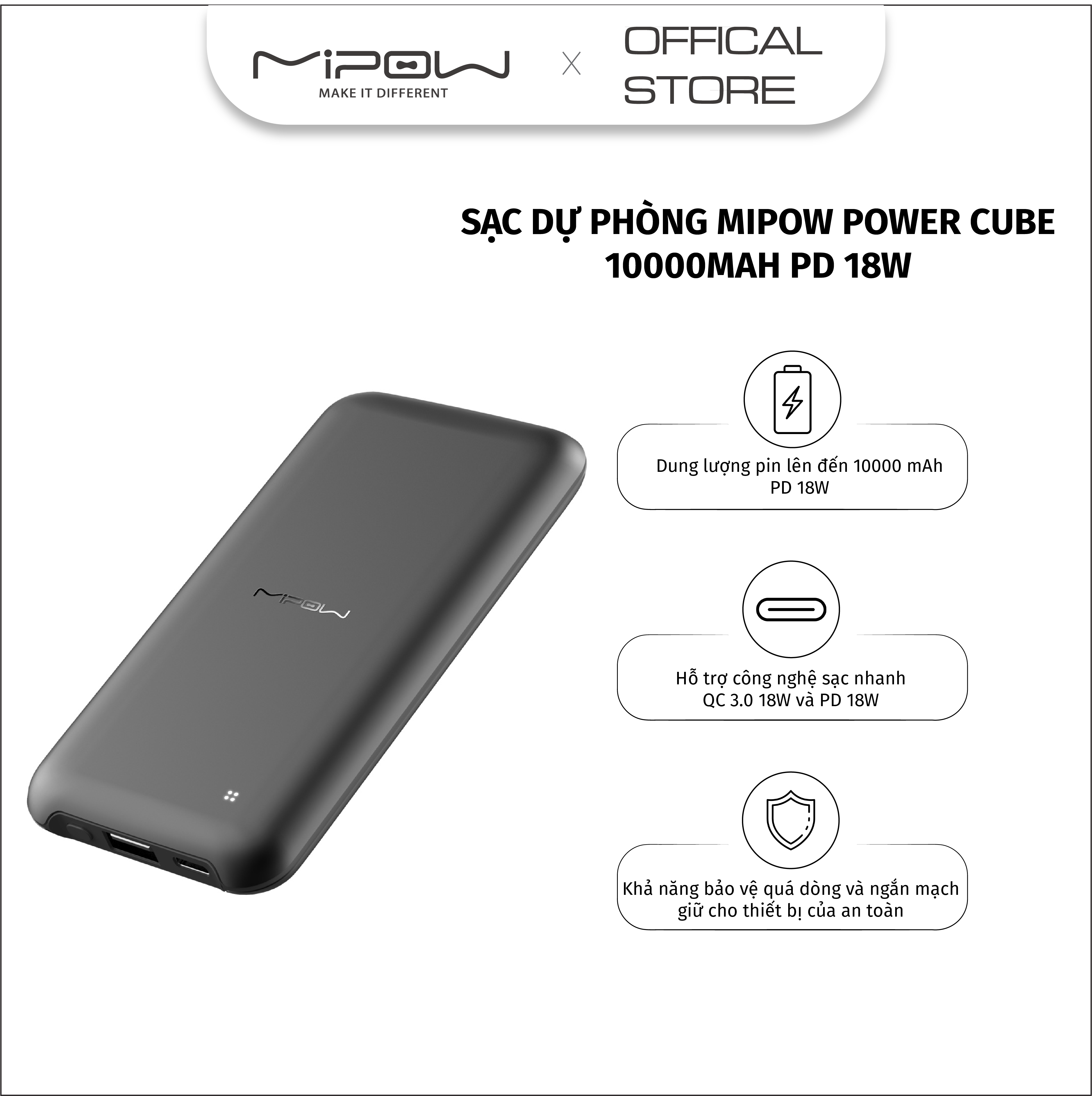 SẠC DỰ PHÒNG MIPOW POWER CUBE 10000MAH PD 18W – SPT02 - Hàng Chính Hãng