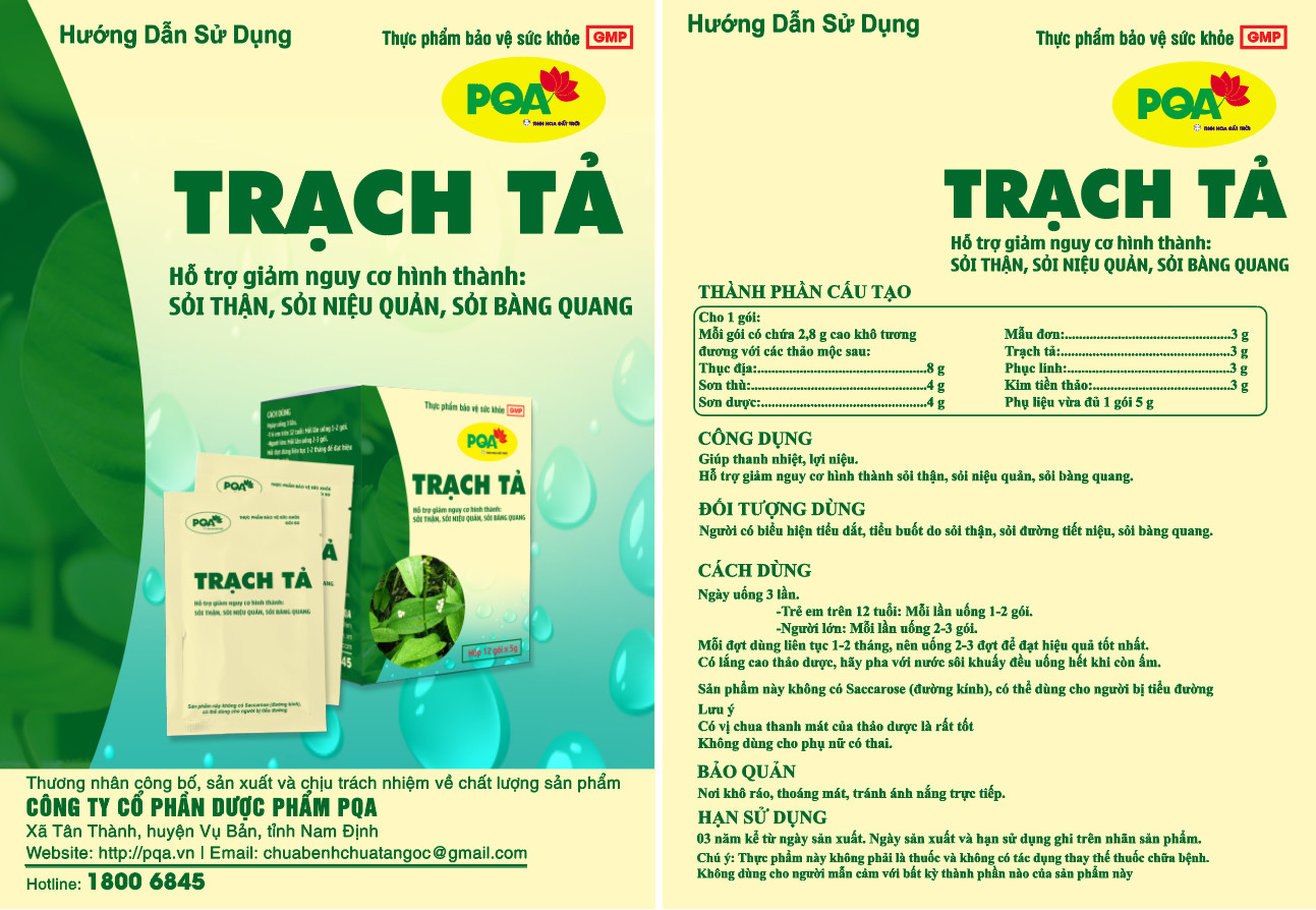 Trạch Tả PQA Giúp Thanh Nhiệt Lợi Niệu, Hỗ Trợ Giảm Nguy Cơ Hình Thành Sỏi Thận Hộp 12 Gói