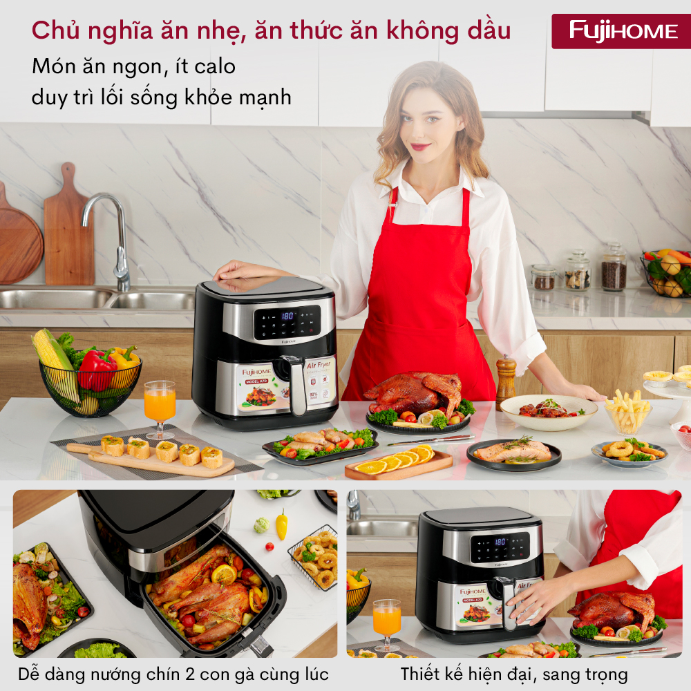 Nồi chiên không dầu 8L điện tử Fujihome Nhật Bản tự ngắt , Lò chiên nướng không khí ko dầu cơ không hơi nước air fryer 8 lít - Hàng Nhập Khẩu