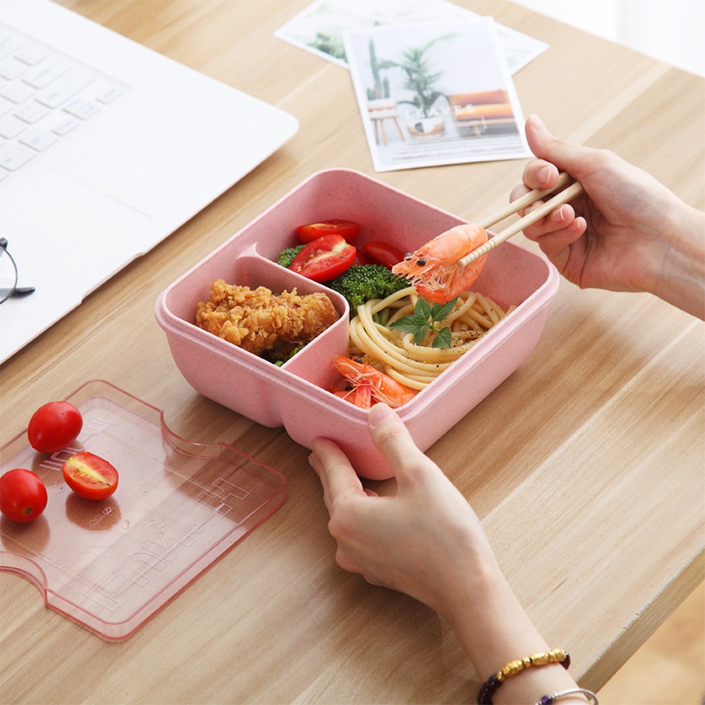 Hộp cơm lúa mạch 2 ngăn có muỗng đũa 1100 ml Kèm Khăn giấy ăn bỏ túi siêu tiện lợi Nhật Bản