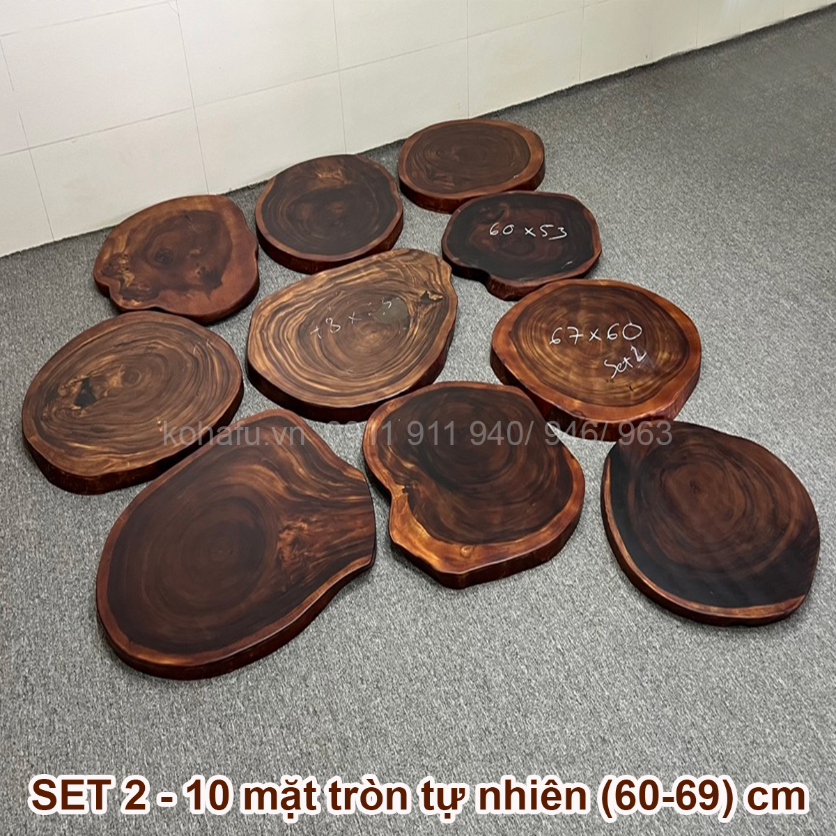 Combo 10 Mặt Bàn Tròn Cà Phê Gỗ Me Tây Nguyên Tấm Tự Nhiên Đường Kính (60-69)cm - KOHAFU