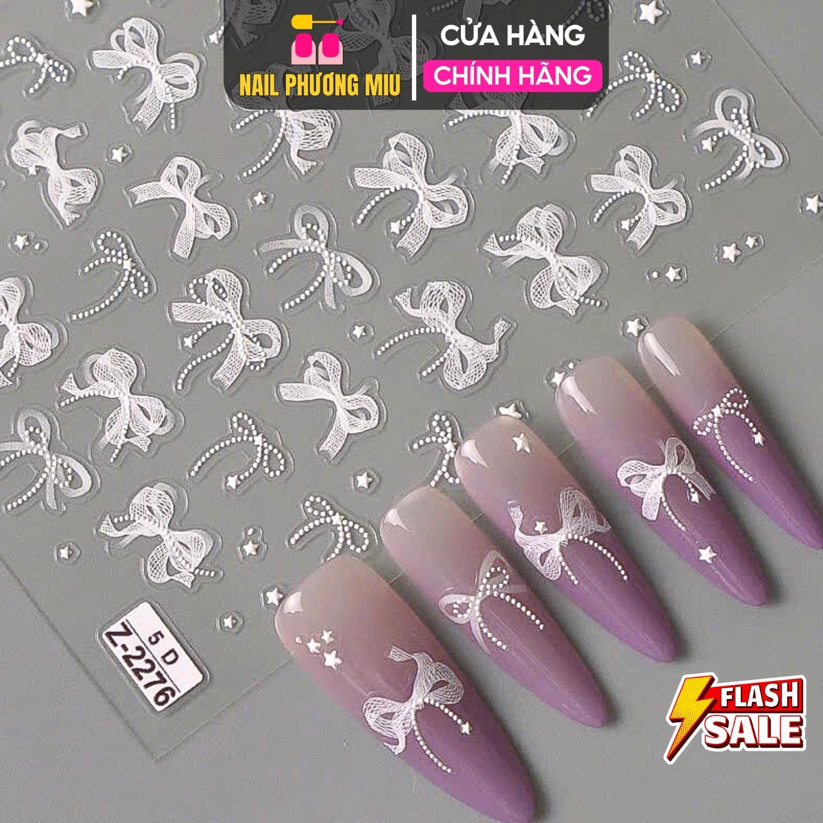 Sticker 5D Nơ Ren Lụa Nổi Z2276 Siêu Hot, Hình Dán Móng Nơ Trắng CA6846 Làm Nail Trẻ Trung Nữ Women