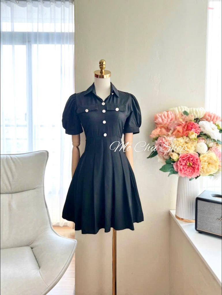 Đầm sơmi xoè xếp ly đính nút