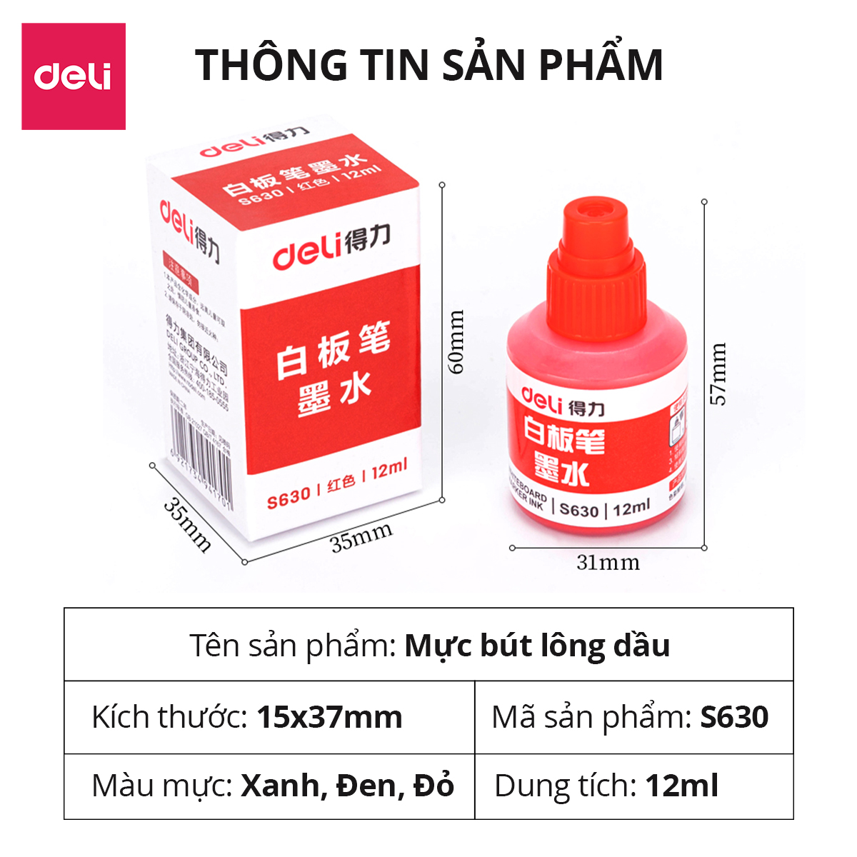 Mực Bút Lông Dầu Chính Hãng Deli - 3 Màu Mực - Dung Tích Lớn - Tiết Kiệm, Dễ Dàng Thay Thế - S630