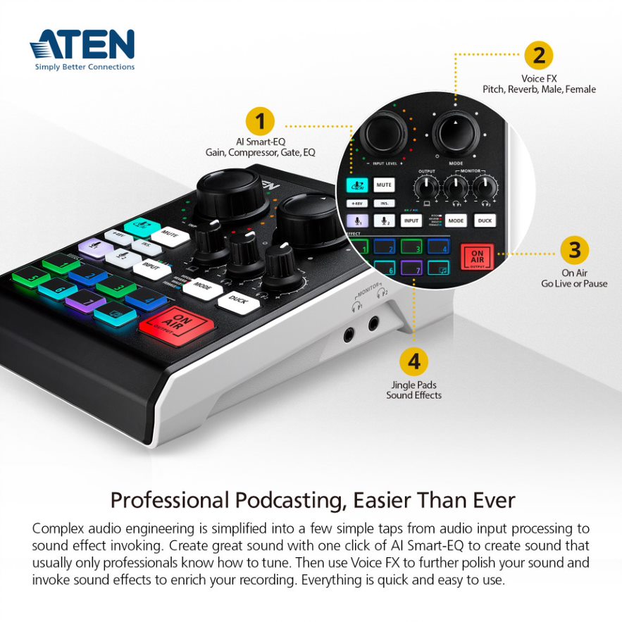 Bộ Mixer trộn âm thanh cao cấp - ATEN UC8000 chuyên đọc Podcast, Livestream, Thu Âm - Hàng chính hãng