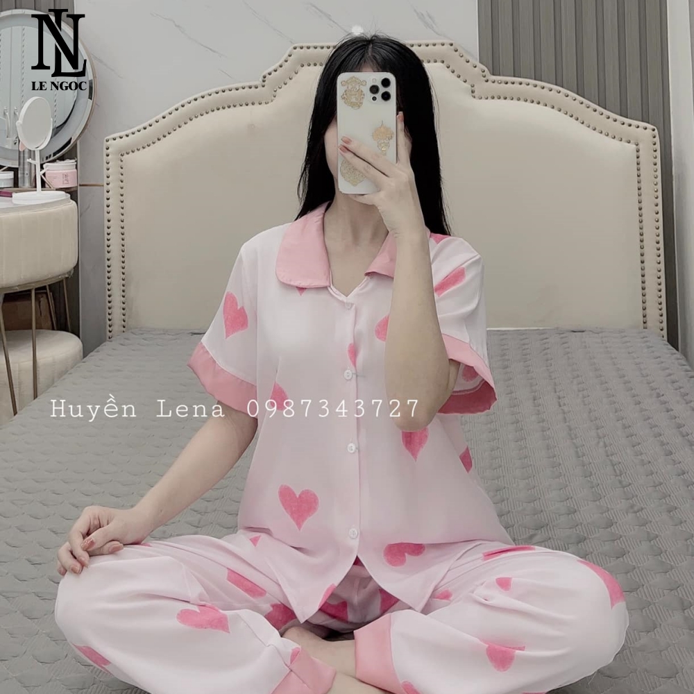 Bộ pijama cộc tay nữ lụa latin cao cấp, bộ ngủ nữ họa tiết tim vải siêu xịn DC07