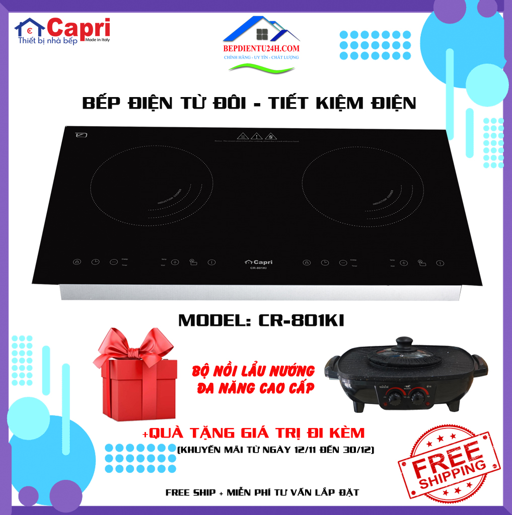 Bếp điện từ đôi Capri CR-801KI - Hàng Chính Hãng, Sản Xuất Theo Công Nghệ Tiên Tiến Châu Âu, Tiết Kiệm Điện Và Thời Gian Nấu Tối Ưu